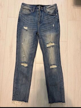 Distressed Skinny Jeans in Faded Blue